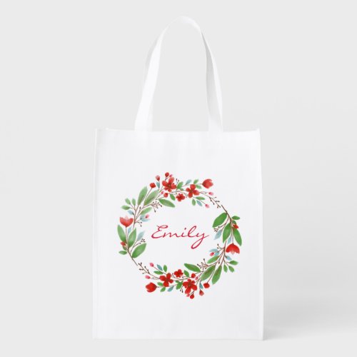 Green And Red Floral Wreath Grocery Bag