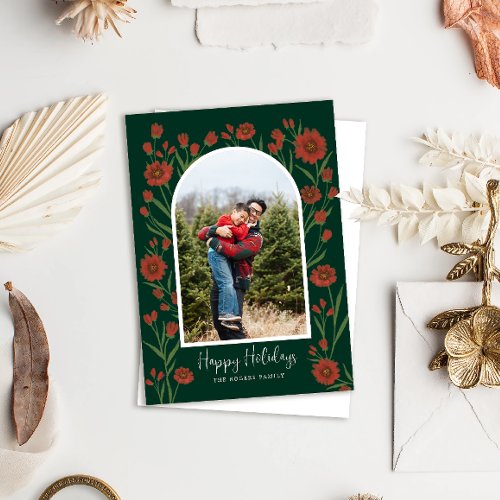 Green and Red Flowers Boho Arched Photo Christmas Holiday Card