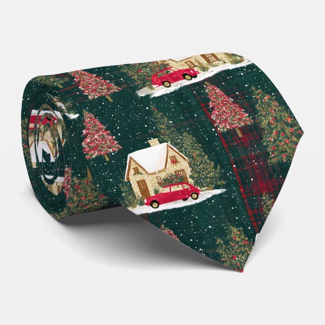 Green And Red Forest Christmas Village Neck Tie (Rolled)