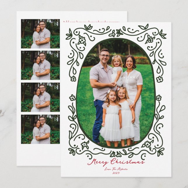 Green and Red Hand Drawn Illustrated Doodle Photo Holiday Card (Front/Back)