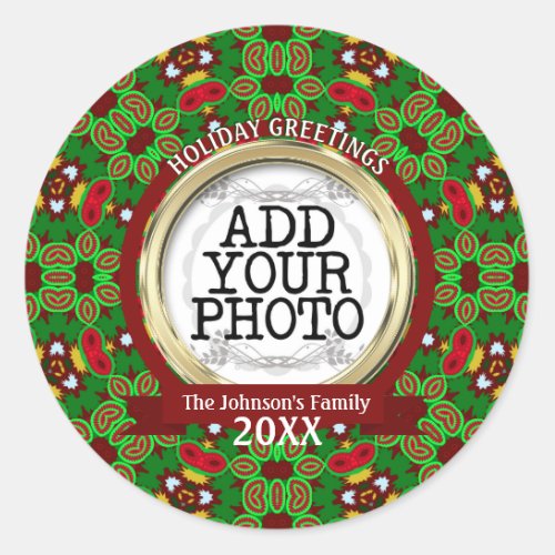 Green and Red Holiday Vibe Family Photo Classic Round Sticker