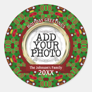 Green and Red Holiday Vibe Family Photo Classic Round Sticker