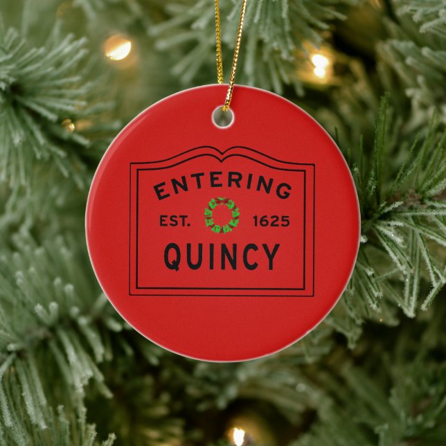 Green and Red Holiday Wreath, Quincy, MA Ceramic Ornament (Tree)