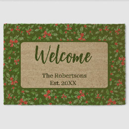 Green and Red Holly Custom Family Name Welcome Fiber Doormat