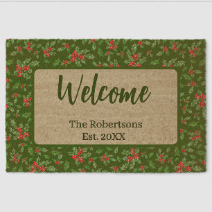 Green and Red Holly Custom Family Name Welcome Fiber Doormat