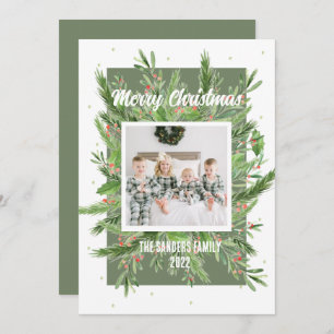 Green and Red Holly Soft and Light Christmas Card