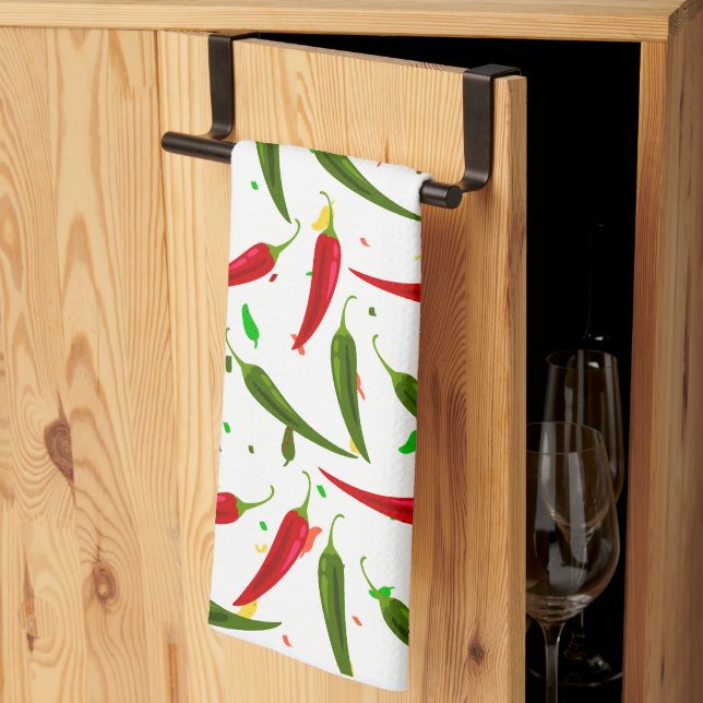 Green and Red Hot Peppers Pattern Kitchen Towel (Thirds Fold)