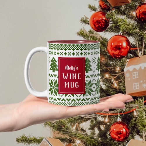 Green and Red Knit Sweater Personalized Wine Mug