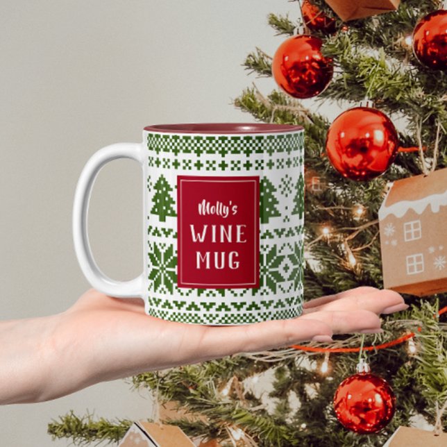 Green and Red Knit Sweater Personalized Wine Mug (Christmas mug with pixel sweater pattern in green and personalized text on both sides)