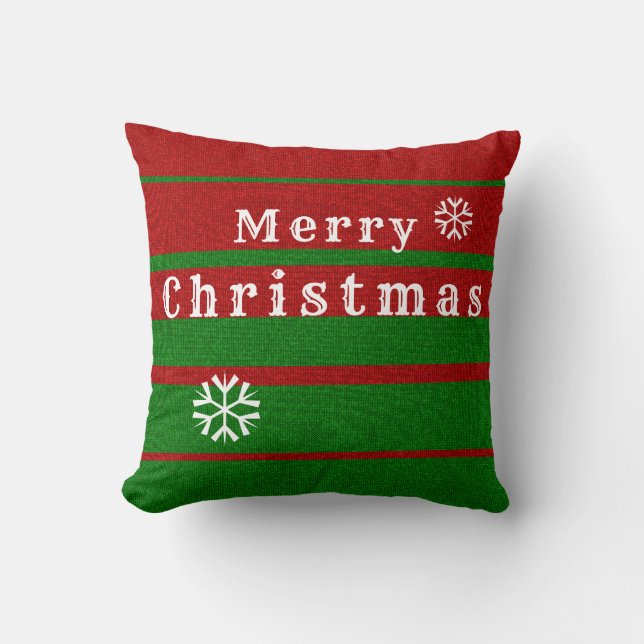 Green and Red Knitting Merry Christmas Holiday Throw Pillow (Front)