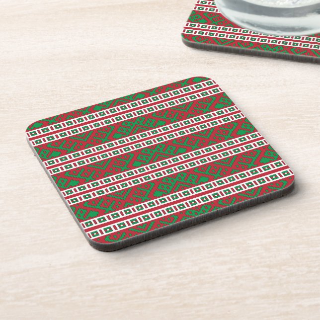 Green and red Latvian Latgale Ethnic Folk art Beverage Coaster (Left Side)
