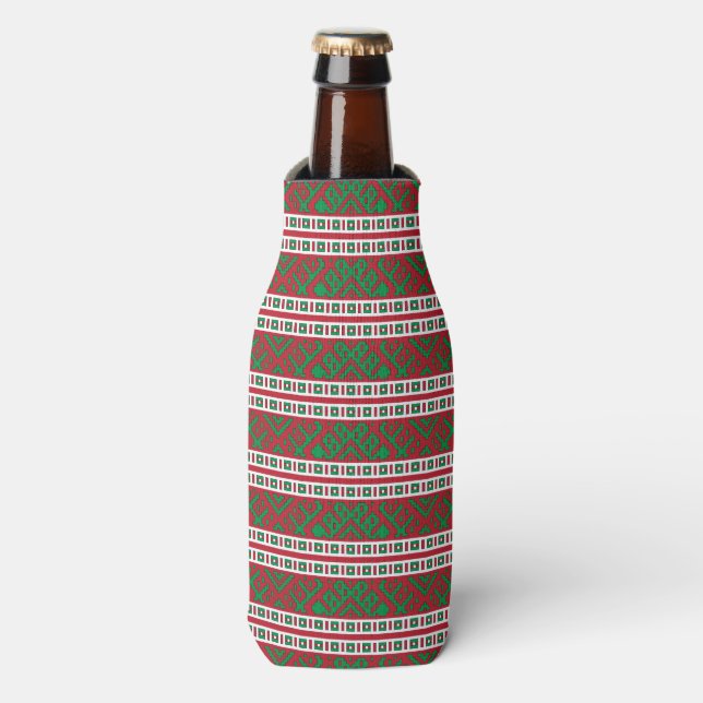 Green and red Latvian Latgale Ethnic Folk art Bottle Cooler (Bottle Front)