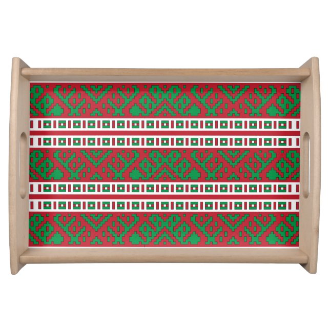 Green and red Latvian Latgale Ethnic Folk art Serving Tray (Front)