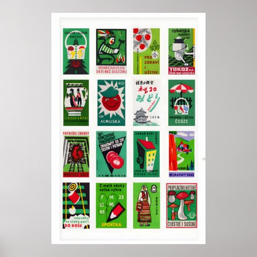 Green and Red Matchbox Label Collage, festive Poster