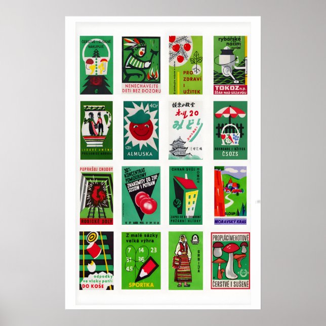 Green and Red Matchbox Label Collage, festive Poster (Front)
