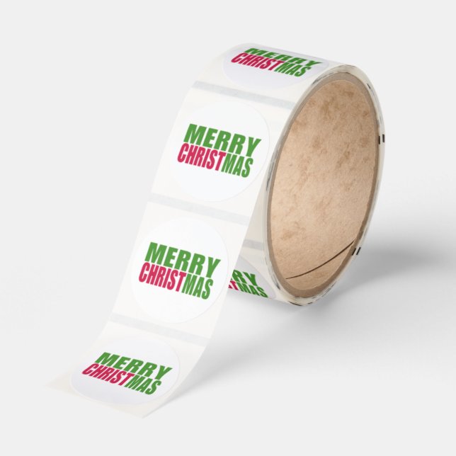 Green and Red Merry Christmas Classic Round Sticker (Roll)