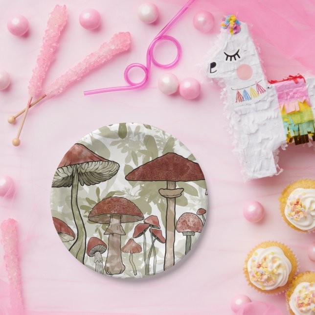 Green and Red Mushrooms  Balloon Paper Plates (Party)