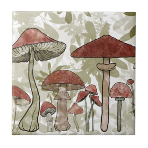 Green and Red Mushrooms Ceramic Tile