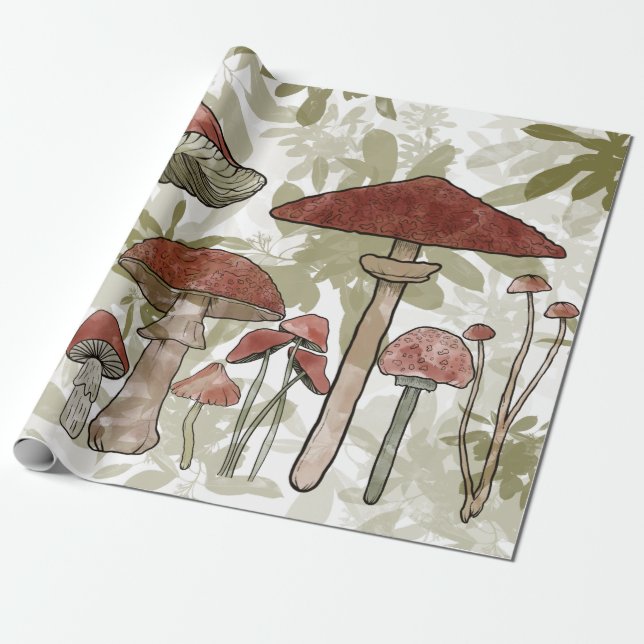 Green and Red Mushrooms Wrapping Paper (Unrolled)