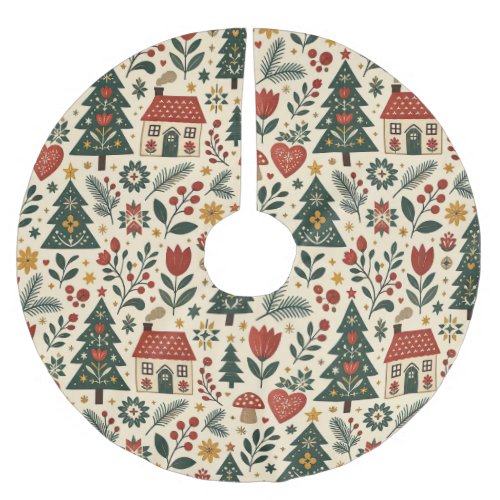 Green and Red Nordic Folk Botanical Christmas Brushed Polyester Tree Skirt