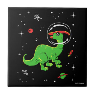 Green And Red Parasaurolophus Dinos In Space Ceramic Tile