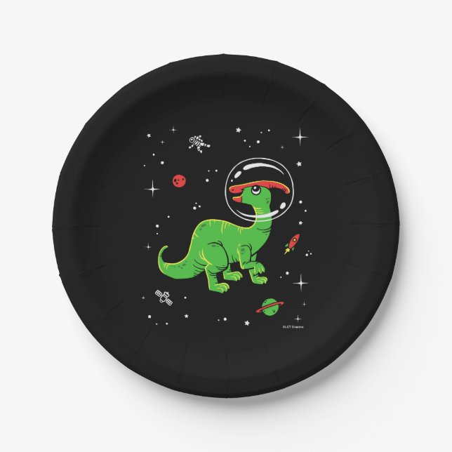 Green And Red Parasaurolophus Dinos In Space Paper Plates (Front)