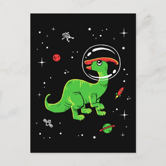 Green And Red Parasaurolophus Dinos In Space Postcard (Front)