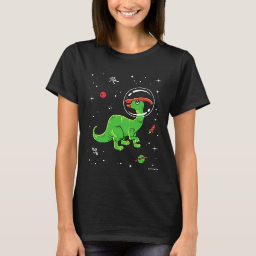 Green And Red Parasaurolophus Dinos In Space T_Shirt