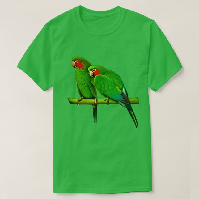 Green and Red Parrot Couple T-Shirt (Design Front)
