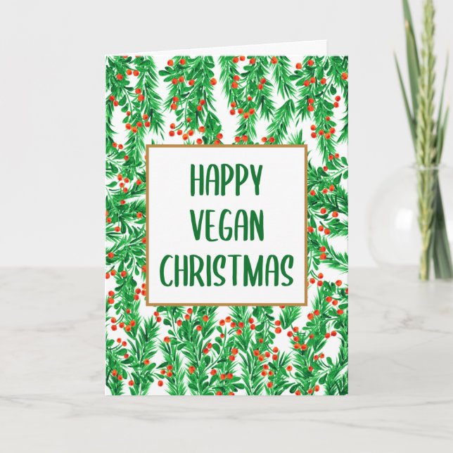 Green and Red Pine Happy Vegan Christmas  Card (Front)