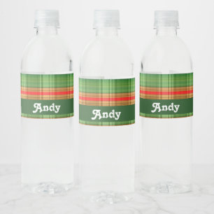 Green and red plaid print water bottle label