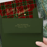 Green and red plaid tartan gold Merry Christmas  Envelope<br><div class="desc">Elegant Merry Christmas gold script forest green envelope with plaid tartan liner and personalized return address.</div>