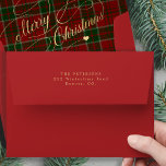 Green and red plaid tartan gold Merry Christmas  Envelope<br><div class="desc">Elegant Merry Christmas gold script red envelope with plaid tartan liner and personalized return address.</div>