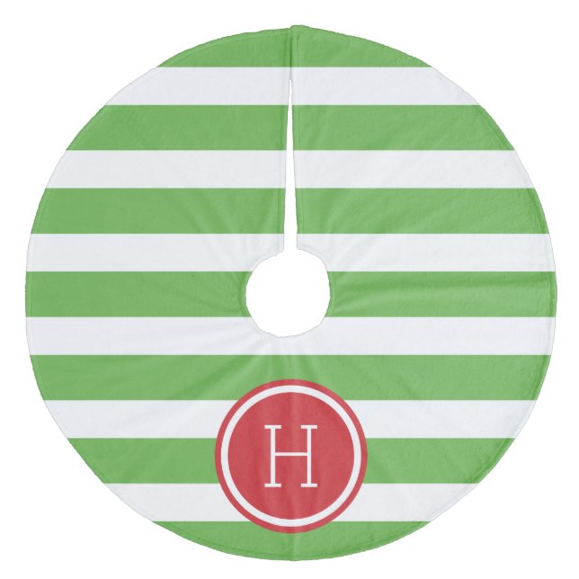 Green and Red Preppy Stripes Monogram Fleece Tree Skirt (Front)