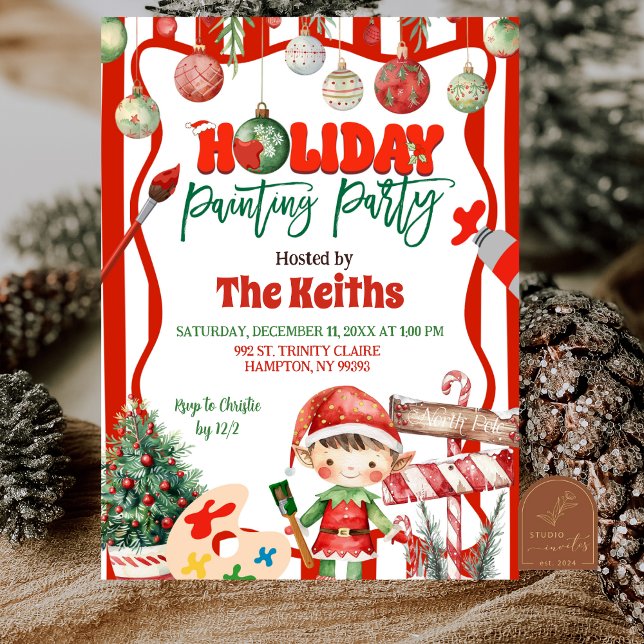 Green and Red Retro Kid's Holiday Painting Party Invitation (Creator Uploaded)