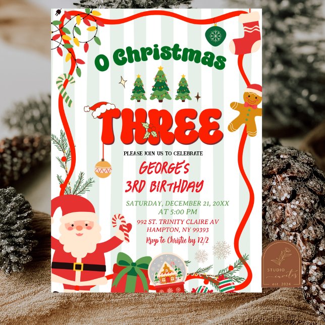 Green and Red Retro O Christmas Three Birthday Invitation (Creator Uploaded)