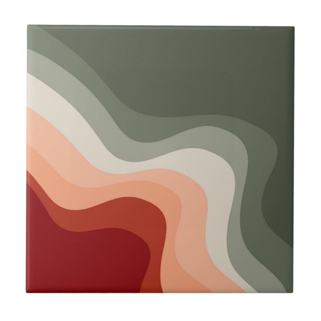 Green and red retro style waves ceramic tile (Front)