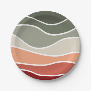 Green and red retro style waves design paper plates