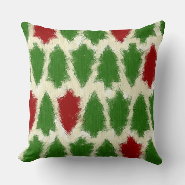 Green And Red Rustic Christmas Tree Pattern Throw Pillow (Front)