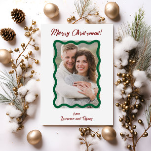 Green and Red Scalloped Wavy Lines Frame Photo Holiday Card
