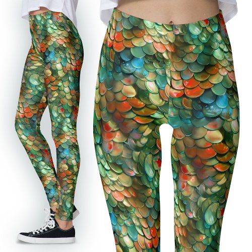 Green and Red Sea Monster Mermaid Scales Party Leggings