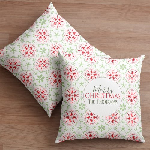 Green and Red Snowflake Holiday Pattern Throw Pillow