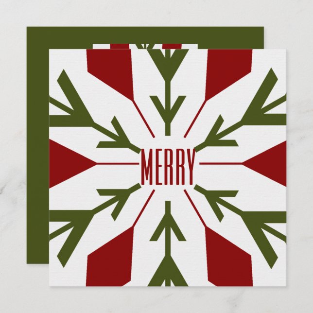 Green and Red Snowflake with MERRY Text  Holiday Card (Front/Back)