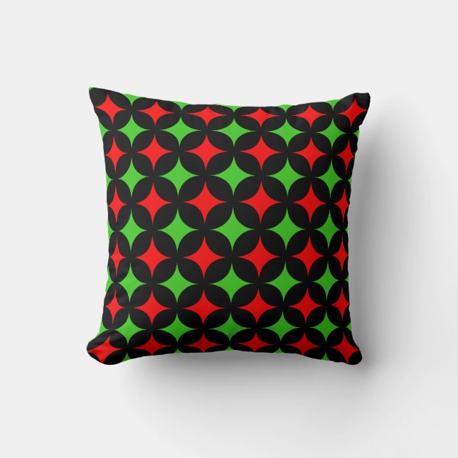 Green and Red Star Pattern on Black Throw Pillow (Front)