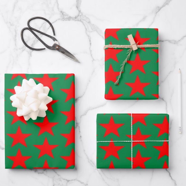 Green And Red Stars Wrapping Paper Sheets (Front)