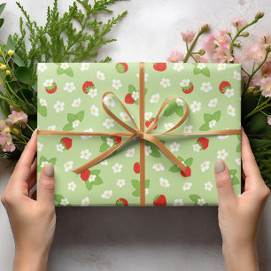 Green and Red Strawberries Floral Pattern Wrapping Paper