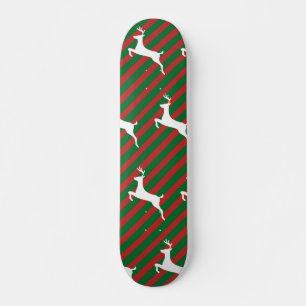 Green and Red Stripe White Deer Pattern Christmas Skateboard
