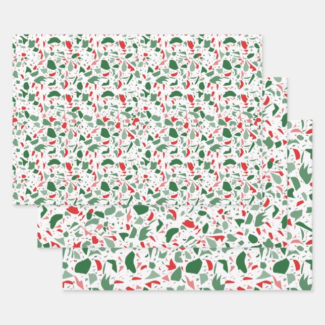 Green and Red Terrazzo Pattern Holiday Christmas Wrapping Paper Sheets (Set)