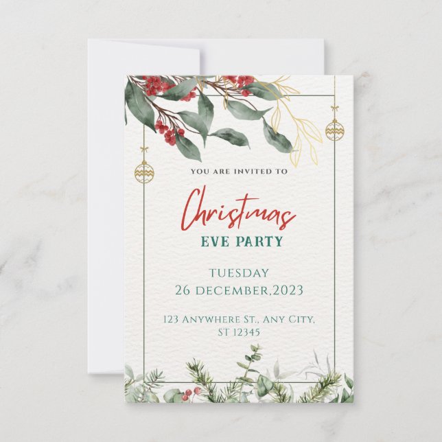 Green And Red Watercolor Christmas Party Invitation (Front)