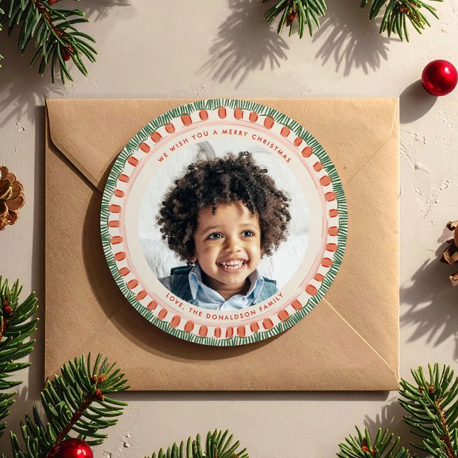 Green and Red Watercolor Fringe Photo Circle Holiday Card (Green and Red Watercolor Fringe Photo Circle Holiday Card)